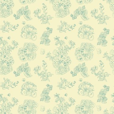 Dikişsiz çiçek desen ahududu, şakayık. Elle çizilmiş illüstrasyon kumaş, sarma