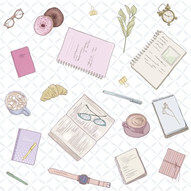 Dikişsiz kadın deseni. Pastel renklerde el çizilmiş illüstrasyon çalışma notları, arka plan eğitimi, yaratıcı yaşam tarzı