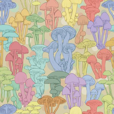 Mantar desensiz duvar kâğıdı. Yeşil arkaplanda çizgi çizimi çok renkli mantarlar