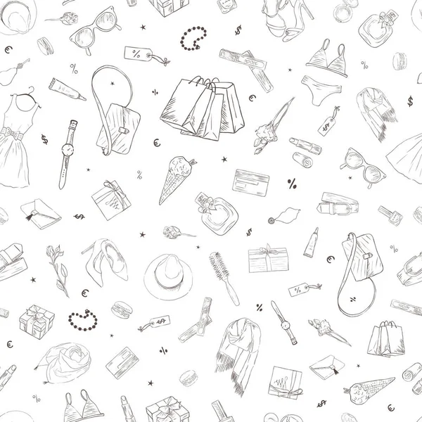 Nahtloses Muster mit Shopping-Symbolen. Frau Urlaubskauf, handgezeichnet Hintergrund — Stockvektor