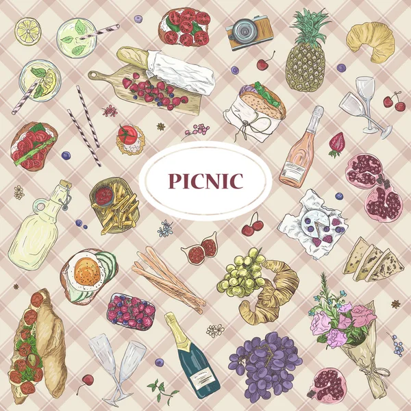 Picnic icon set vector illustration Hand drawn sketchy romantic elements Summer Food Drinks Wine. Seamless background