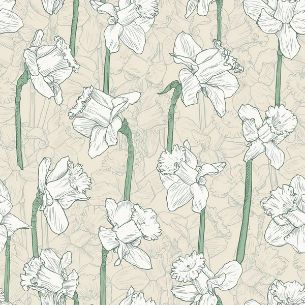 Modèle narcissique blanc floral sans couture. Illustration de ligne pour tissu enveloppant imprime la conception de mariage dans le style vintage — Image vectorielle