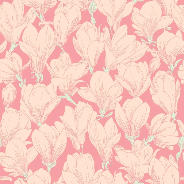 Patrón de Magnolia, adorno floral de línea. Fondo sin fisuras. Ilustración dibujada a mano en estilo vintage, rosa — Vector de stock