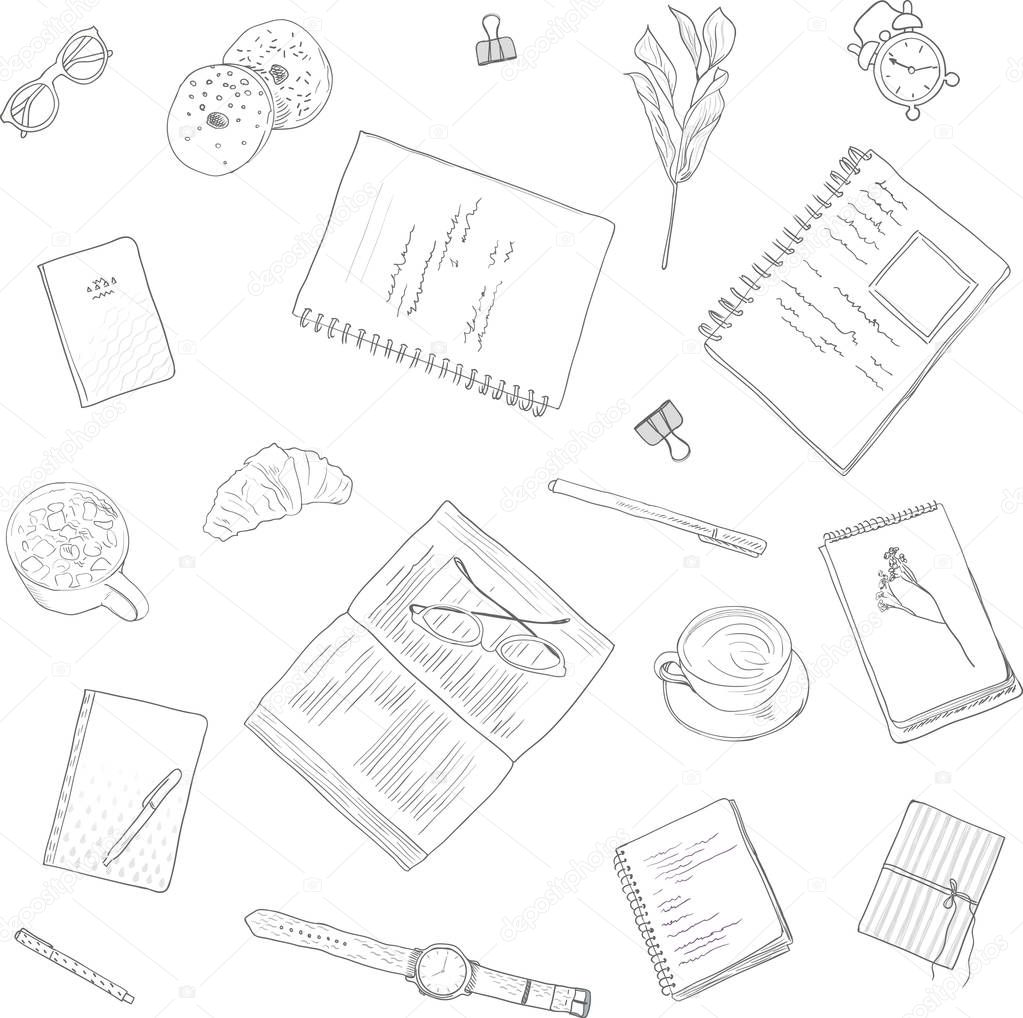 Seamless pattern. Work notes, background studying, creative lifestyle. Hand drawn illustration in womens stile
