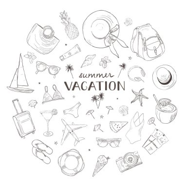 Tatil geçmişi. Doğrusal grafik. Romantik yaz tatilleri seyahat. Kaligrafik yazıtlı vektör görüntüsü