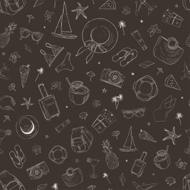 Seyahat simgeleri ile sorunsuz desen. Tatil, tatil, yolculuk. Elle çizilmiş vektör arka planı