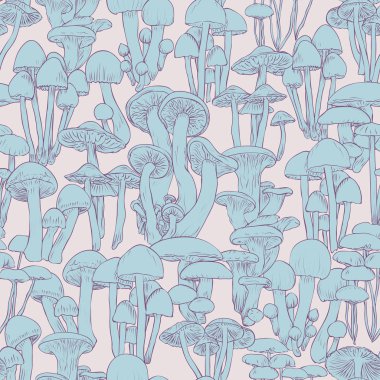 Mantarlar dikişsiz desen duvar kağıdı. Pembe arka plan üzerinde çizgi illüstrasyon mavi mantar