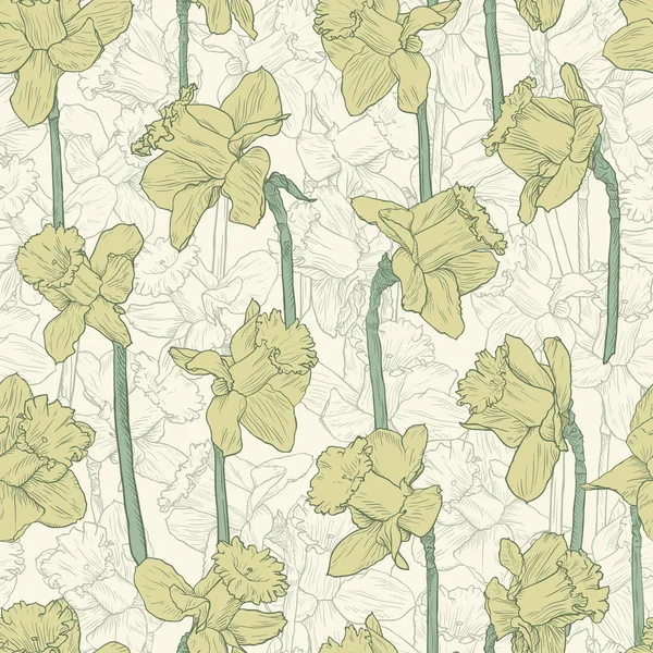 Nahtloses florales Narzissenmuster. Linienillustration für Stoffverpackungsdrucke Hochzeitsdesign im Vintage-Stil — Stockvektor
