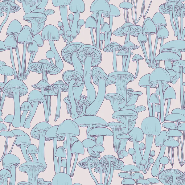 Mantarlar dikişsiz desen duvar kağıdı. Pembe arka plan üzerinde çizgi illüstrasyon mavi mantar
