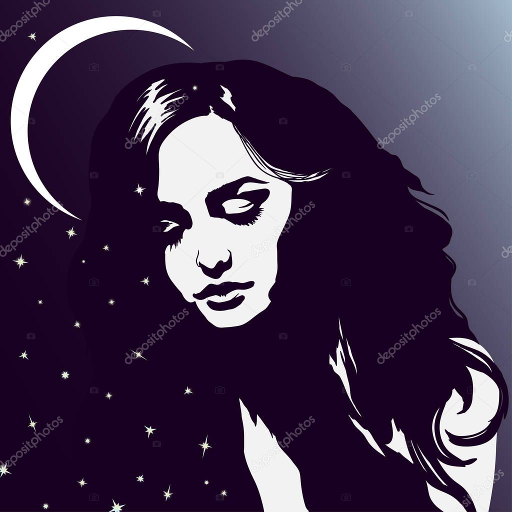 Sleeping girl portrait, beautiful dreaming woman, night sky, moon stars