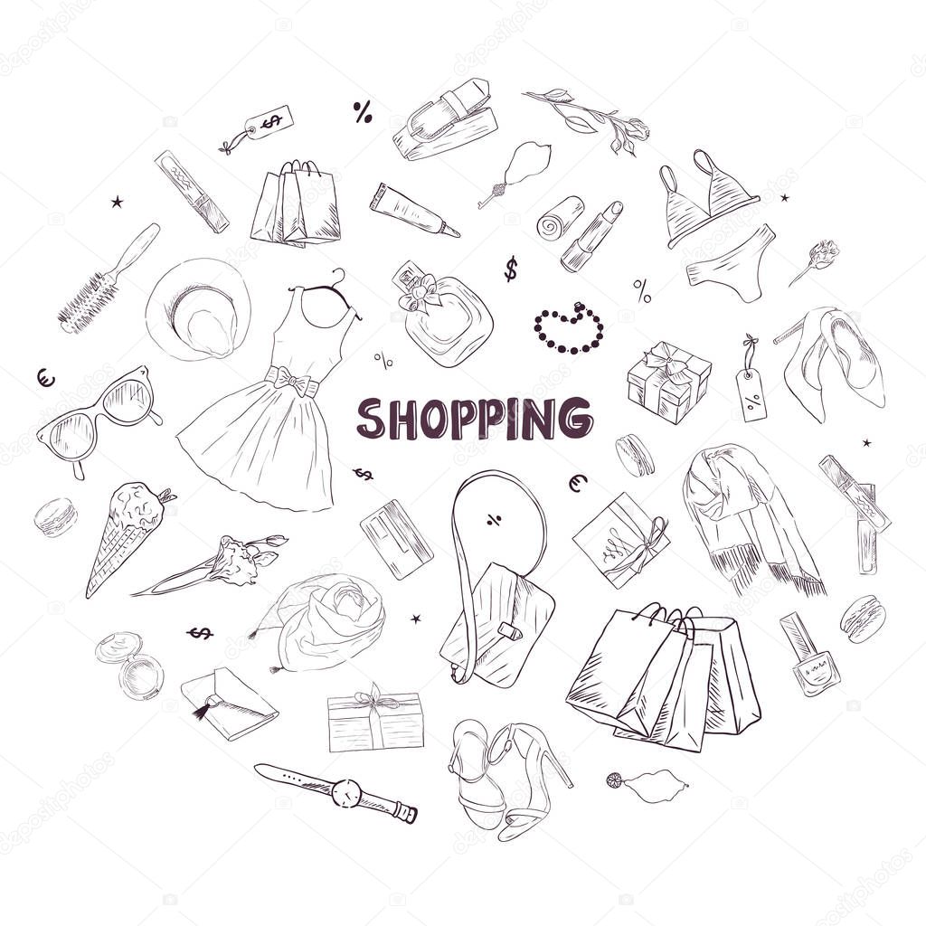 Shopping background. Linear graphic. Sale collection. Womens shopping. Vector image with a calligraphic inscription