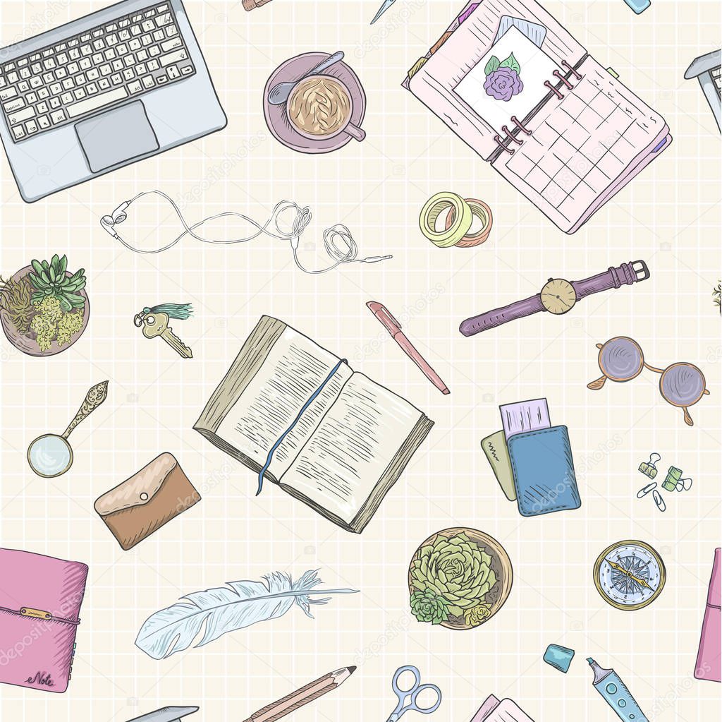 Work notes, background studying, creative lifestyle, planning. Seamless pattern. Hand drawn illustration pastel colors