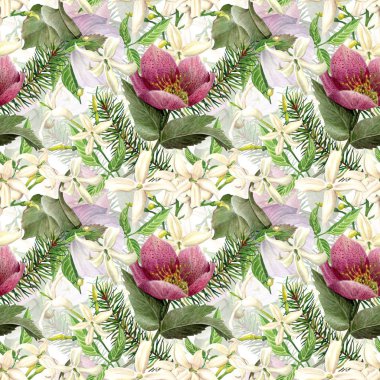  Noel Dikişsiz desen beyaz zemin üzerine suluboya çiçekli  