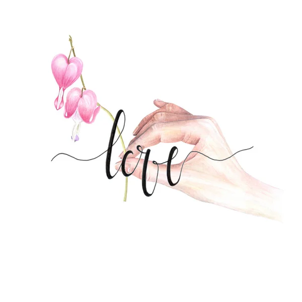 Aquarel Vrouwelijke Hand Met Bleeding Heart Standaardbloem Liefde Inkt Belettering — Stockfoto