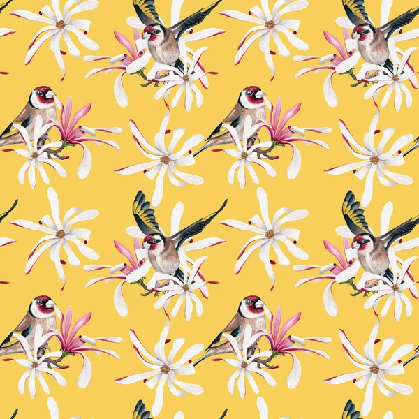 Padrão Sem Costura Com Aquarela Goldfinch Flores Magnolia Fundo Amarelo — Fotografia de Stock