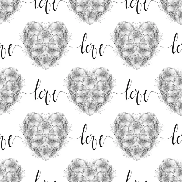 Watercolor Heart Shaped Cherry Flower Bouquet Love Ink Hand Lettering — Stock Photo, Image