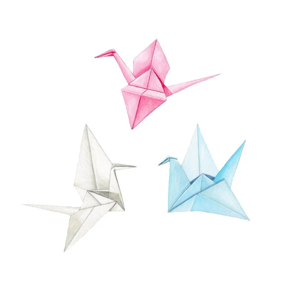 Grues Origami Aquarelle Sur Fond Blanc Illustration Dessinée Main — Photo