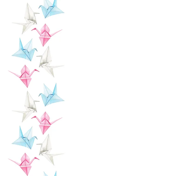 Watercolor Origami Crane Borda Sem Costura Fundo Branco Estilo Oriental — Fotografia de Stock