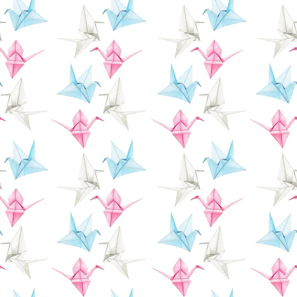 Aquarell Origami Kranich Nahtloses Muster Auf Weißem Hintergrund Orientalischen Stil — Stockfoto