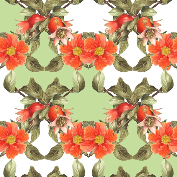 Watercolor Pomegranate blossom and fruit seamless pattern on white and green background.