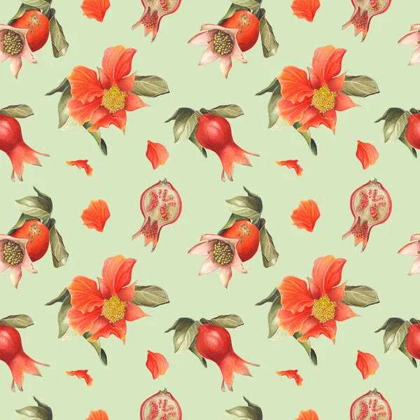 Watercolor Pomegranate blossom and fruit seamless pattern on mint background