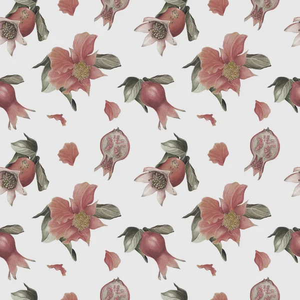 Aquarell Granatapfelblüte Und Frucht Nahtloses Muster Auf Weißem Hintergrund Blasse — Stockfoto