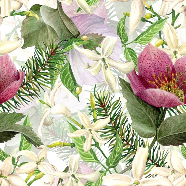 Christmas Seamless Pattern Watercolor Flowers White Background — Stock Photo, Image