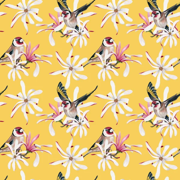 Padrão Sem Costura Com Aquarela Goldfinch Flores Magnolia Fundo Amarelo Fotografia De Stock
