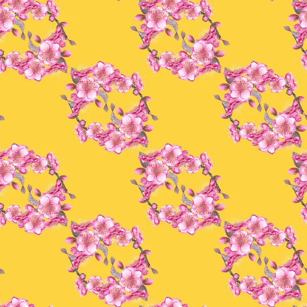 Aquarell Rosa Pflaumenblüten Nahtloses Muster Auf Gelbem Hintergrund Handgezeichnete Botanische Stockbild