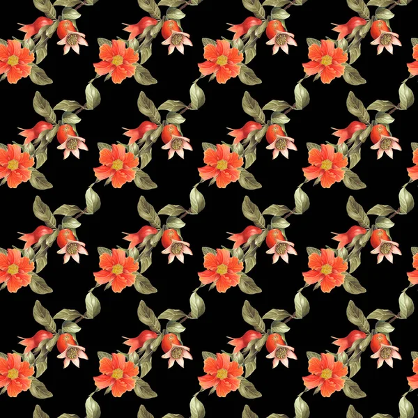 Aquarell Granatapfelblüte Und Frucht Nahtloses Muster Auf Schwarzem Hintergrund Stockbild