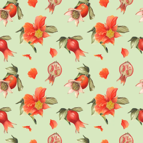 Watercolor Pomegranate blossom and fruit seamless pattern on mint background — Stock Image Watercolor Pomegranate Blossom Fruit Seamless Pattern Mint Background Royalty Free Stock Photos