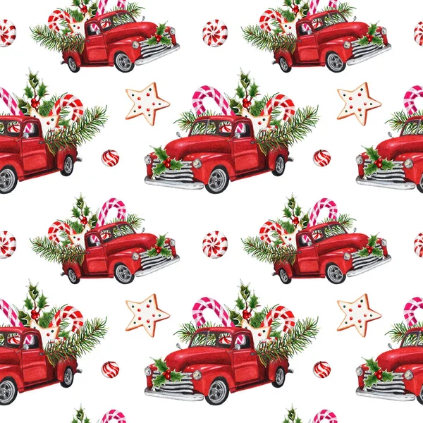 Nahtloses Muster Mit Aquarell Weihnachtsauto Mit Süßigkeiten Fichtenzweigen Stechpalmen Und Stockbild