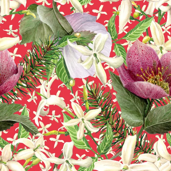 Weihnachten Nahtlose Muster Mit Aquarellblumen Auf Rotem Hintergrund Stockfoto