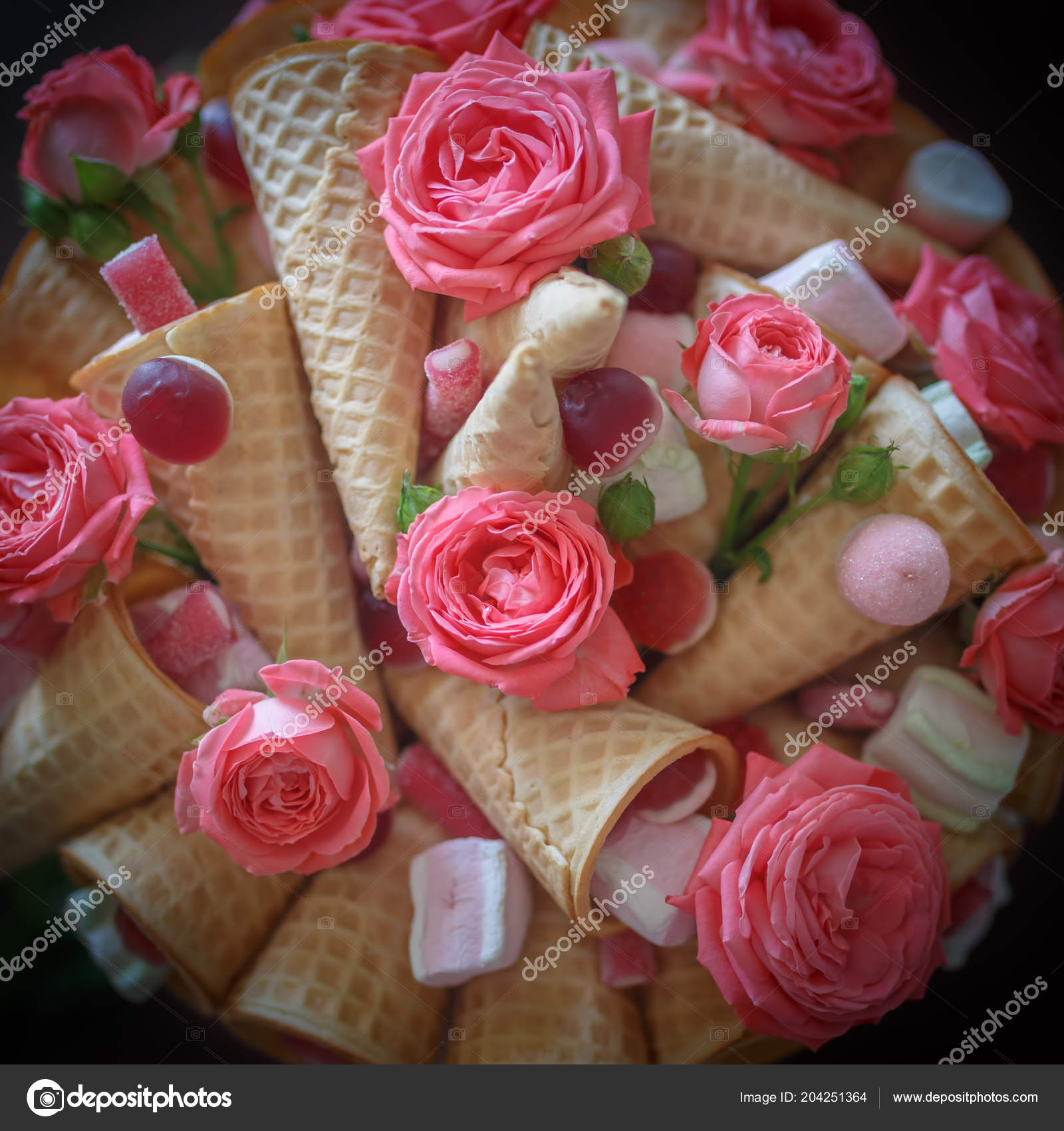 Bouquet Composé Fleurs Roses Roses Des Cônes Gaufre Des
