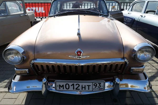 RUSSIA, ROSTOV-ON-DON, 07 OCTOBER 2017: Vintage retro car GAZ-21 Volga of light brown colour. Front view