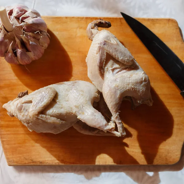 Pair Boiled Quails Lying Wooden Cutting Board — Stock Photo, Image