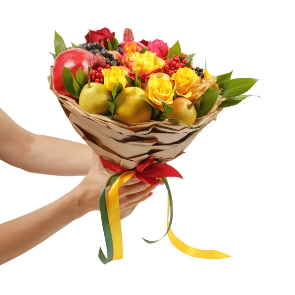 Unique Festive Bouquet Consisting Apples Pears Mountain Ash Lemons Viburnum — Stock Photo, Image