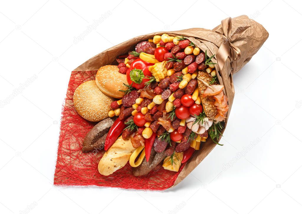 Original bouquet consisting of different varieties of sausage, meat, smoked cheese, tomatoes, pepper and bread as a gift