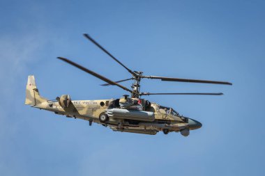 Kadamovskiy eğitim alanı, Rostov bölgesi, Rusya, 26 Ağustos 2018: Uluslararası askeri teknik forum ordu-2018. Uçan tank adlı Helikopteri Ka-52 timsah, saldırı. Uçuş sol yan görünüm