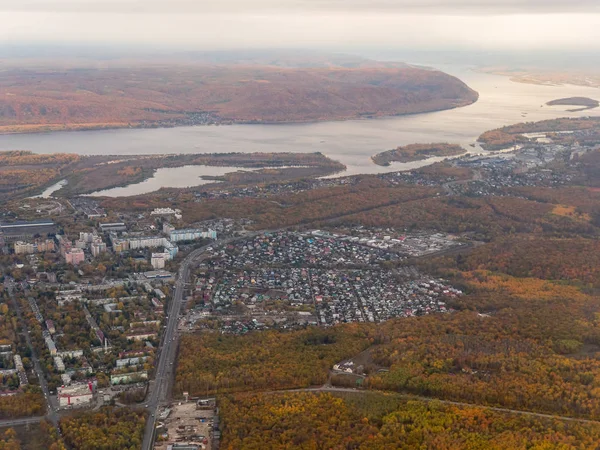 Birds Eye View Suburb City Samara Russia Volga River Warm — Stock Photo, Image