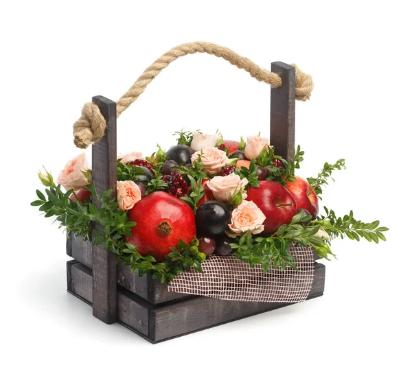 Presente Aniversário Comestível Incrível Forma Uma Caixa Madeira Cheia Rosas — Fotografia de Stock