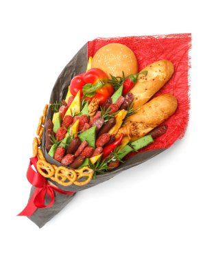 Wheat bread, sesame bun, cheese of different varieties, sausages and paprika are wrapped in grey and red paper as a gift bouquet on a white background clipart