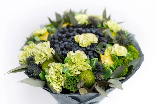 Unique Bouquet Consisting Blueberries Blackberries Lemons Decorated Green Carnations White — Stock Photo, Image