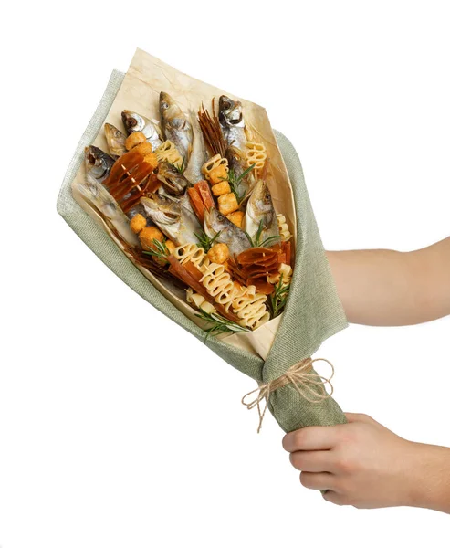 Presente Para Homem Real Forma Buquê Peixe Seco Vários Lanches — Fotografia de Stock