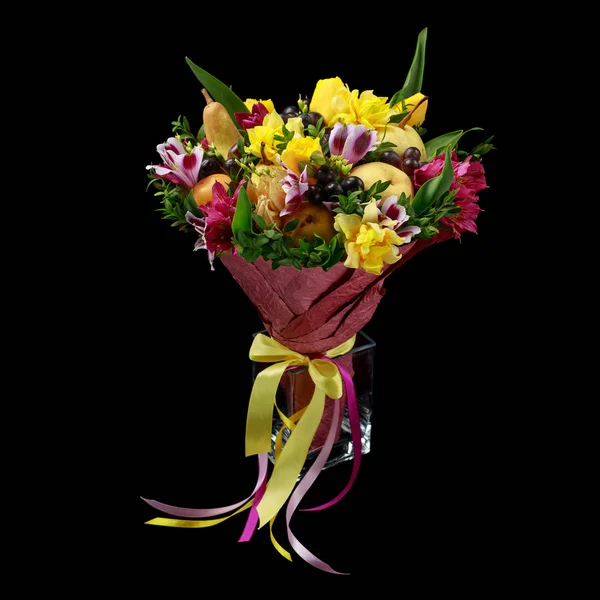 Bouquet Lumineux Fleurs Jaunes Violettes Pommes Poires Tient Dans Vase — Photo