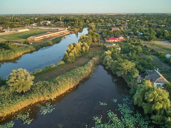 Aerial View Village Small River Pond Growing Lotus — Stock Photo, Image