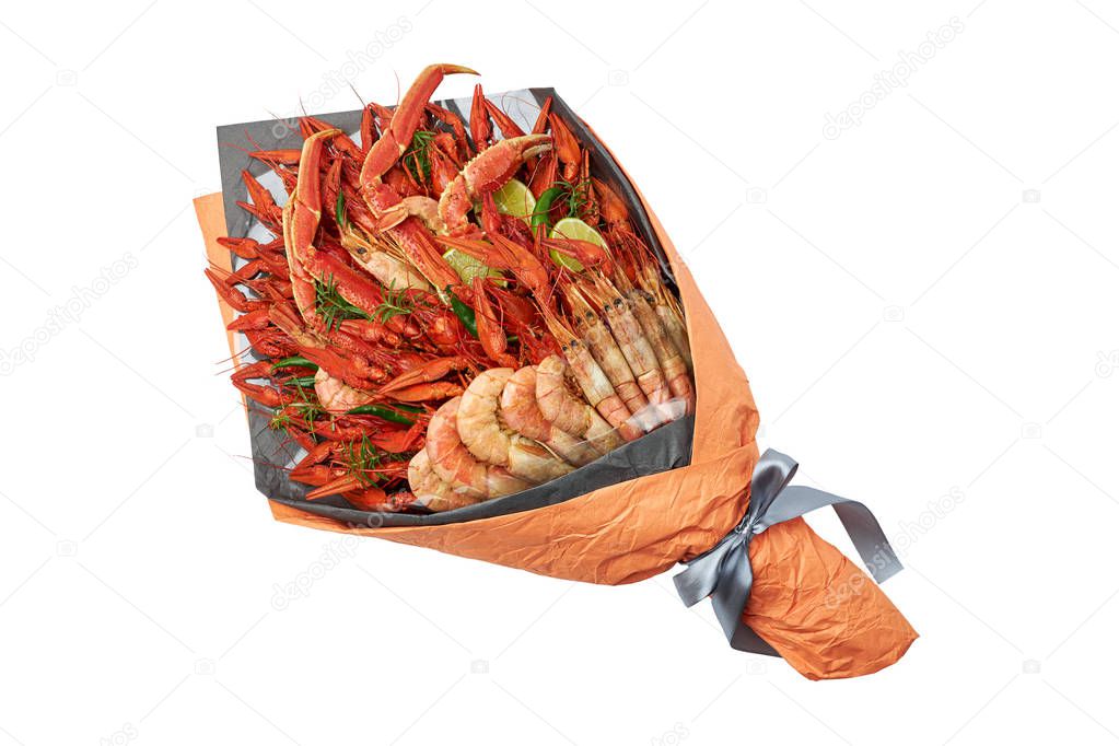 Delicious gift to a friend in the form of a bouquet of boiled crawfish, shrimps and crab on a white background