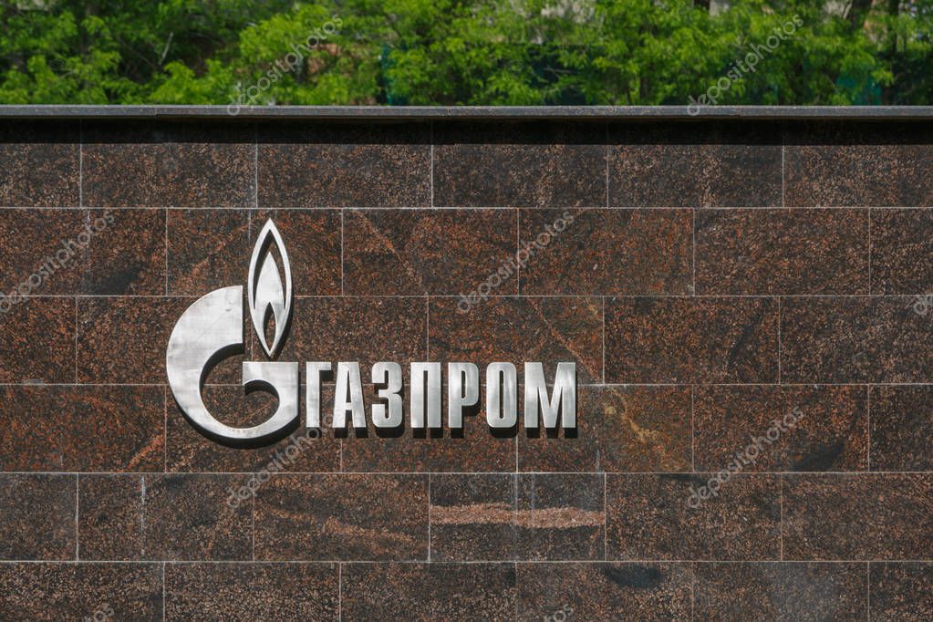 Rostov-on-Don, Russia, May 05, 2018: The GAZPROM company logo from stainless steel on marble wall