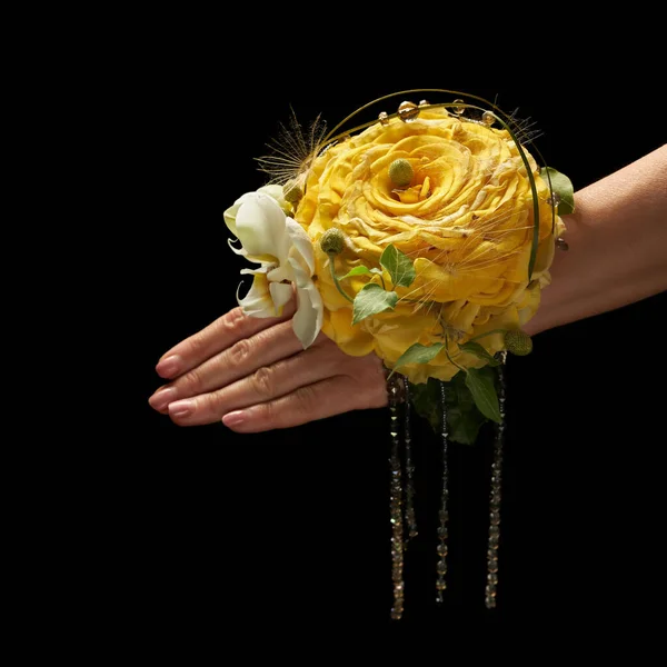 Decoration Wrist Bride Form Large Yellow Flower — Stock Photo, Image