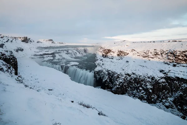 Gullfoss Vodopád Pohled Kaňonu Řeky Hvita Během Zimního Sněhu Island — Stock fotografie